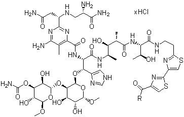 structure of CAS# 67763-87-5, Bleomycin hydrochloride;3-[[2-[2-[2-[[(2S,3R)-2-[[(2S,3S,4R)-4-[[(2S,3R)-2-[[6-amino-2-[(1S)-3-amino-1-[[(2S)-2,3-diamino-3-oxopropyl]amino]-3-oxopropyl]-5-methylpyrimidine-4-carbonyl]amino]-3-[(2R,3S,4S,5S,6S)-3-[(2R,3S,4S,5R,6R)-4-carbamoyloxy-3,5-dihydroxy-6-(hydroxymethyl)oxan-2-yl]oxy-4,5-dihydroxy-6-(hydroxymethyl)oxan-2-yl]oxy-3-(1H-imidazol-5-yl)propanoyl]amino]-3-hydroxy-2-methylpentanoyl]amino]-3-hydroxybutanoyl]amino]ethyl]-1,3-thiazol-4-yl]-1,3-thiazole-4-carbonyl]amino]propyl-dimethylsulfanium;hydrochloride