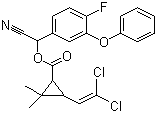 structure of CAS# 68359-37-5, Cyfluthrin;Cyano(4-fluoro-3-phenoxyphenyl)methyl 3-(2,2-dichloroethenyl)-2,2-dimethylcyclopropanecarboxylate; BAY-FCR 1272; Baythroid H; BAY-V1 1704; beta-Cyfluthrin; Bulldock; Cyfoxylate; Eulan SP; FCR 1272; FCR 4545; Sofac; Tempo 2