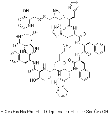 L-Cysteinyl-L-histidyl-L-histidyl-L-phenylalanyl-L-phenylalanyl-D-tryptophyl-L-lysyl-L-threonyl-L-phenylalanyl-L-threonyl-L-seryl-L-cysteine cyclic (1→12)-disulfide molecular structure (CAS 68463-41-2)