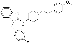 结构式 CAS# 68844-77-9, 阿司咪唑; 1-(4-氟苄基)-2-(1-[4-甲氧基苯乙基]哌啶-4-基)氨基苯并咪唑
