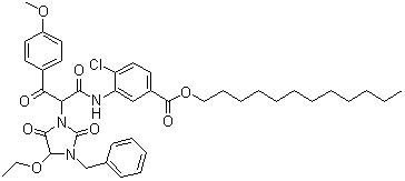 alpha-(4-Methoxybenzoyl)-alpha-(1-benzyl-5-ethoxyhydantion)-2-chloro-5-dodecyloxycarbonyl acetanilide molecular structure (CAS 70950-45-7)
