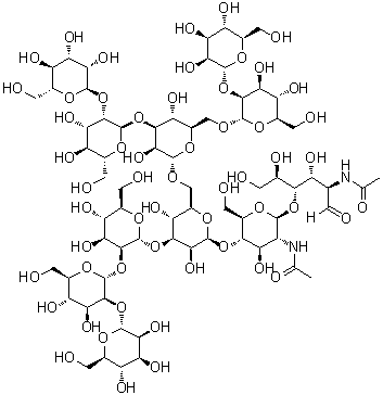 O-alpha-D-Mannopyranosyl-(1→2)-O-alpha-D-mannopyranosyl-(1→3)-O-[O-alpha-D-mannopyranosyl-(1→2)-alpha-D-mannopyranosyl-(1→6)]-O-alpha-D-mannopyranosyl-(1→6)-O-[O-alpha-D-mannopyranosyl-(1→2)-O-alpha-D-mannopyranosyl-(1→2)-alpha-D-mannopyranosyl-(1→3)]-O-beta-D-mannopyranosyl-(1→4)-O-2-(acetylamino)-2-deoxy-beta-D-glucopyranosyl-(1→4)-2-(acetylamino)-2-deoxy-D-glucose molecular structure (CAS 71246-55-4)
