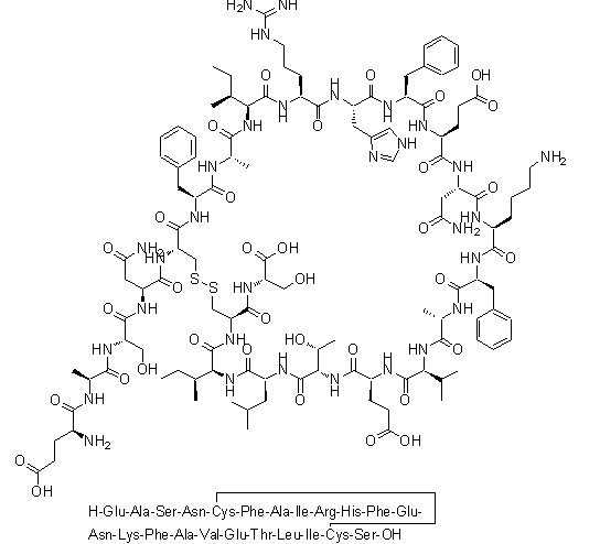 L-alpha-Glutamyl-L-alanyl-L-seryl-L-asparaginyl-L-cysteinyl-L-phenylalanyl-L-alanyl-L-isoleucyl-L-arginyl-L-histidyl-L-phenylalanyl-L-alpha-glutamyl-L-asparaginyl-L-lysyl-L-phenylalanyl-L-alanyl-L-valyl-L-alpha-glutamyl-L-threonyl-L-leucyl-L-isoleucyl-L-cysteinyl-L-serine cyclic (5→22)-disulfide molecular structure (CAS 717122-86-6)