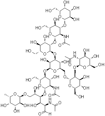 O-beta-D-吡喃半乳糖基-(1→3)-O-2-(乙酰氨基)-2-脱氧-beta-D-吡喃葡萄糖基-(1→2)-O-alpha-D-甘露糖基-(1→3)-O-[O-2-(乙酰氨基)-2-脱氧-beta-D-吡喃葡萄糖基-(1→2)-alpha-D-甘露糖基-(1→6)]-O-beta-D-甘露糖基-(1→4)-O-2-(乙酰氨基)-2-脱氧-beta-D-吡喃葡萄糖基-(1→4)-O-[6-脱氧-alpha-L-吡喃半乳糖基-(1→6)]-2-(乙酰氨基)-2-脱氧-D-葡萄糖分子结构 (CAS 721918-59-8)
