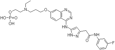 5-[[7-[3-[Ethyl[2-(phosphonooxy)ethyl]amino]propoxy]-4-quinazolinyl]amino]-N-(3-fluorophenyl)-1H-pyrazole-3-acetamide molecular structure (CAS 722543-31-9)