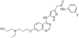 structure of CAS# 722544-51-6, AZD1152-HQPA;5-[[7-[3-[Ethyl(2-hydroxyethyl)amino]propoxy]-4-quinazolinyl]amino]-N-(3-fluorophenyl)-1H-pyrazole-3-acetamide