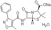 structure of CAS# 7240-38-2, Oxacillin sodium monohydrate;7-[[3-(2-Chlorophenyl)-5-methyl-oxazol-4-yl]carbonylamino]-3,3-dimethyl-6-oxo-2-thia-5-azabicyclo[3.2.0]heptane-4-carboxylic acid sodium salt monohydrate