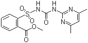 structure of CAS# 74222-97-2, Sulfometuron-methyl;Methyl 2-[[[[(4,6-dimethyl-2-pyrimidinyl)amino]carbonyl]amino]sulfamoyl]benzoate; 2-(4,6-Dimethylpyrimidin-2-ylcarbamoylsulfamoyl)benzoic acid  methyl ester; Sulfometuron-Me; DPX-T5648; Oust 75DF