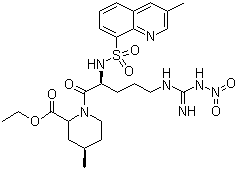 structure of CAS# 74874-09-2, (2R,4R)-1-[(2S)-5-[[Imino(nitroamino)methyl]amino]-2-[[(3-methyl-8-quinolinyl)sulfonyl]amino]-1-oxopentyl]-4-methyl-2-piperidinecarboxylic acid ethyl ester