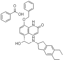 5-[(1R)-2-[(5,6-Diethyl-2,3-dihydro-1H-inden-2-yl)amino]-1-hydroxyethyl]-8-(phenylmethoxy)-2(1H)-quinolinone monobenzoate (salt) molecular structure (CAS 753498-24-7)