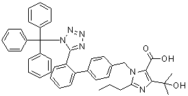 structure of CAS# 761404-85-7, Trityl olmesartan acid;4-(1-Hydroxy-1-methylethyl)-2-propyl-1-[[2'-[1-(triphenylmethyl)-1H-tetrazol-5-yl][1,1'-biphenyl]-4-yl]methyl]-1H-imidazole-5-carboxylic acid