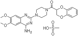 结构式 CAS# 77883-43-3, 甲磺酸多沙唑嗪; 1-(4-氨基-6,7-二甲氧基-2-喹唑啉基)-4-(1,4-苯并二噁烷-2-基羰基)哌嗪甲磺酸盐