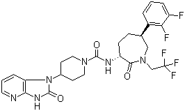 结构式 CAS# 781649-09-0, Telcagepant; MK-0974; N-[(3R,6S)-6-(2,3-二氟苯基)六氢-2-氧代-1-(2,2,2-三氟乙基)-1H-氮杂卓-3-基]-4-(2,3-二氢-2-氧代-1H-咪唑并[4,5-b]吡啶-1-基)-1-哌啶甲酰胺