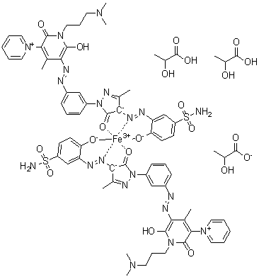 Bis[5'-[[3-[4-[[5-(aminosulfonyl)-2-hydroxyphenyl]azo]-4,5-dihydro-3-methyl-5-oxo-1H-pyrazol-1-yl]phenyl]azo]-1'-[3-(dimethylamino)propyl]-1',2'-dihydro-6'-hydroxy-4'-methyl-2'-oxo-1,3'-bipyridiniumato]iron salt with 2-hydroxypropanoic acid (1:1) bis(2-hydroxypropanoate) (salt) molecular structure (CAS 79135-21-0)