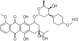 7,8,9,10-Tetrahydro-6,8,11-trihydroxy-8-(1-hydroxyethyl)-1-methoxy-10-[[2,3,6-trideoxy-3-(4-methoxy-1-piperidinyl)-alpha-L-lyxo-hexopyranosyl]oxy]-5,12-naphthacenedione hydrochloride molecular structure (CAS 79898-08-1)