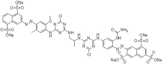 7-[[2-[(Aminocarbonyl)amino]-4-[[4-chloro-6-[[2-[[4-chloro-6-[[4-[(4,8-disulfo-2-naphthalenyl)azo]-2-methoxy-5-methylphenyl]amino]-1,3,5-triazin-2-yl]amino]-1-methylethyl]amino]-1,3,5-triazin-2-yl]amino]phenyl]azo]-1,3,6-naphthalenetrisulfonic acid pentasodium salt molecular structure (CAS 82522-68-7)