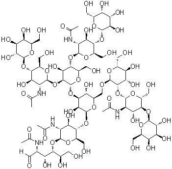 O-beta-D-Galactopyranosyl-(1→4)-O-2-(acetylamino)-2-deoxy-beta-D-glucopyranosyl-(1→2)-O-[O-beta-D-galactopyranosyl-(1→4)-2-(acetylamino)-2-deoxy-beta-D-glucopyranosyl-(1→4)]-O-alpha-D-mannopyranosyl-(1→3)-O-[O-beta-D-galactopyranosyl-(1→4)-O-2-(acetylamino)-2-deoxy-beta-D-glucopyranosyl-(1→2)-alpha-D-mannopyranosyl-(1→6)]-O-beta-D-mannopyranosyl-(1→4)-O-2-(acetylamino)-2-deoxy-beta-D-glucopyranosyl-(1→4)-2-(acetylamino)-2-deoxy-D-glucose molecular structure (CAS 82867-73-0)