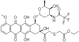 (2S-顺式)-[[2-[1,2,3,4,6,11-六氢-2,5,12-三羟基-7-甲氧基-6,11-二氧代-4-[[2,3,6-三脱氧-3-[(三氟乙酰基)氨基]-alpha-L-来苏-吡喃己糖基]氧基]-2-并四苯基]-2-氧代乙基]硫基]乙酸乙酯分子结构 (CAS 83291-71-8)
