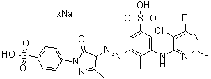 3-[(5-Chloro-2,6-difluoro-4-pyrimidinyl)amino]-5-[[4,5-dihydro-3-methyl-5-oxo-1-(4-sulfophenyl)-1H-pyrazol-4-yl]azo]-4-methylbenzenesulfonic acid sodium salt molecular structure (CAS 83400-22-0)