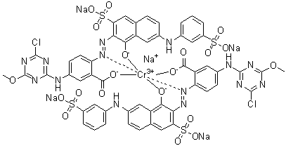 Pentasodium bis[5-[(4-chloro-6-methoxy-1,3,5-triazin-2-yl)amino]-2-[[1-hydroxy-3-sulfo-7-[(3-sulfophenyl)amino]-2-naphthalenyl]azo]benzoato]chromate molecular structure (CAS 83984-90-1)