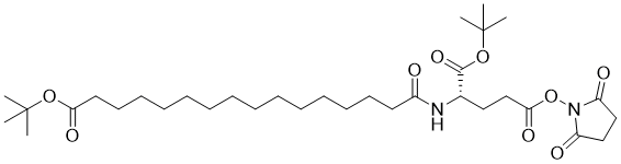 structure of CAS# 843666-26-2, 1-(tert-butyl) 5-(2,5-dioxopyrrolidin-1-yl) (16-(tert-butoxy)-16-oxohexadecanoyl)-L-glutamate;1-O-tert-butyl 5-O-(2,5-dioxopyrrolidin-1-yl) (2S)-2-[[16-[(2-methylpropan-2-yl)oxy]-16-oxohexadecanoyl]amino]pentanedioate