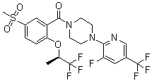 [4-(3-Fluoro-5-trifluoromethylpyridin-2-yl)piperazin-1-yl][5-Methylsulfonyl-2-[((R)-2,2,2-trifluoro-1-methylethyl)oxy]phenyl]methanone molecular structure (CAS 845614-12-2)