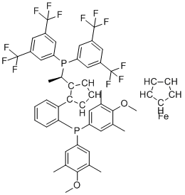 structure of CAS# 849925-20-8, 2-{2-[bis(4-methoxy-3,5-dimethylphenyl)phosphanyl]phenyl}cyclopenta-2,4-dien-1-ide cyclopenta-2,4-dien-1-ide (1/1/1);(1R)-1-[(1S)-1-[Bis[3,5-bis(trifluoromethyl)phenyl]phosphino]ethyl]-2-[2-[bis(4-methoxy-3,5-dimethylphenyl)phosphino]phenyl]Ferrocene; [2-[5-[(1S)-1-bis[3,5-bis(trifluoromethyl)phenyl]phosphanylethyl]cyclopenta-1,3-dien-1-yl]phenyl]-bis(4-methoxy-3,5-dimethylphenyl)phosphane cyclopenta-1,3-diene iron(2+)