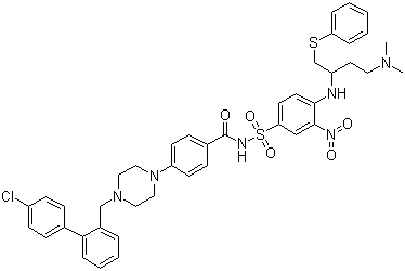 结构式 CAS# 852808-04-9, ABT-737; 4-[4-[(4'-氯[1,1'-联苯]-2-基)甲基]-1-哌嗪基]-N-[[4-[[(1R)-3-(二甲基氨基)-1-[(苯硫基)甲基]丙基]氨基]-3-硝基苯基]磺酰基]苯甲酰胺