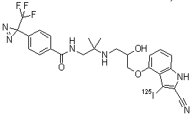 N-[2-[[3-[[2-Cyano-3-(iodo-<sup>125</sup>I)-1H-indol-4-yl]oxy]-2-hydroxypropyl]amino]-2-methylpropyl]-4-[3-(trifluoromethyl)-3H-diazirin-3-yl]benzamide molecular structure (CAS 85559-48-4)