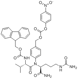 N-[(9H-fluoren-9-ylmethoxy)carbonyl]-L-valyl-N5-(aminocarbonyl)-N-[4-[[[(4-nitrophenoxy)carbonyl]oxy]methyl]phenyl]-L-Ornithinamide molecular structure (CAS 863971-53-3)