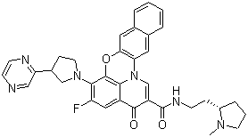 structure of CAS# 865311-47-3, CX 3543;Quarfloxacin; Itarnafloxin; 5-Fluoro-N-[2-[(2S)-1-methyl-2-pyrrolidinyl]ethyl]-3-oxo-6-[3-(2-pyrazinyl)-1-pyrrolidinyl]-3H-benzo[b]pyrido[3,2,1-kl]phenoxazine-2-carboxamide