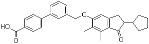 structure of CAS# 866823-73-6, 3'-[[(2-Cyclopentyl-6,7-dimethyl-1-oxo-2,3-dihydro-1H-inden-5-yl)oxy]methyl]biphenyl-4-carboxylic acid;MRLSD 230