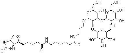 (3aS,4S,6aR)-N-[6-[[3-[(O-6-Deoxy-alpha-L-galactopyranosyl-(1→2)-O-[alpha-D-galactopyranosyl-(1→3)]-beta-D-galactopyranosyl)oxy]propyl]amino]-6-oxohexyl]hexahydro-2-oxo-1H-thieno[3,4-d]imidazole-4-pentanamide molecular structure (CAS 870891-30-8)