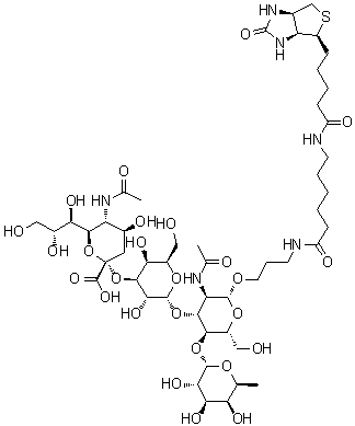 (3aS,4S,6aR)-N-[6-[[3-[[O-(N-Acetyl-alpha-neuraminosyl)-(2→3)-O-alpha-D-galactopyranosyl-(1→3)-O-[6-deoxy-alpha-L-galactopyranosyl-(1→4)]-2-(acetylamino)-2-deoxy-beta-D-glucopyranosyl]oxy]propyl]amino]-6-oxohexyl]hexahydro-2-oxo-1H-thieno[3,4-d]imidazole-4-pentanamide molecular structure (CAS 870892-98-1)