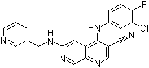 structure of CAS# 871307-18-5, 4-[(3-Chloro-4-fluorophenyl)amino]-6-[(3-pyridinylmethyl)amino]-1,7-naphthyridine-3-carbonitrile
