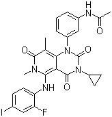 结构式 CAS# 871700-17-3, GSK-1120212; N-[3-[3-环丙基-5-[(2-氟-4-碘苯基)氨基]-3,4,6,7-四氢-6,8-二甲基-2,4,7-三氧代吡啶并[4,3-d]嘧啶-1(2H)-基]苯基]乙酰胺