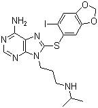结构式 CAS# 873436-91-0, PU-H 71; 6-氨基-8-[(6-碘-1,3-苯并二噁茂-5-基)硫基]-N-异丙基-9H-嘌呤-9-丙胺