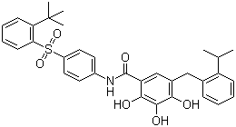 structure of CAS# 877877-35-5, N-[4-[(2-tert-Butylphenyl)sulfonyl]phenyl]-2,3,4-trihydroxy-5-[(2-isopropylphenyl)methyl]benzamide;TW-37; Bcl-2 Inhibitor