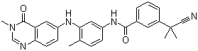 结构式 CAS# 878739-06-1, AZ-628; 3-(1-氰基-1-甲基乙基)-N-[3-[(3,4-二氢-3-甲基-4-氧代-6-喹唑啉基)氨基]-4-甲基苯基]苯甲酰胺