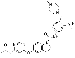 5-[[6-(Acetylamino)-4-pyrimidinyl]oxy]-2,3-dihydro-N-[4-[(4-methyl-1-piperazinyl)methyl]-3-(trifluoromethyl)phenyl]-1H-indole-1-carboxamide molecular structure (CAS 882405-89-2)