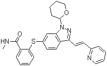 N-Methyl-2-[[3-[(1E)-2-(2-pyridinyl)ethenyl]-1-(tetrahydro-2H-pyran-2-yl)-1H-indazol-6-yl]thio]benzamide molecular structure (CAS 885126-35-2)