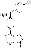 结构式 CAS# 885499-61-6, CCT 128930; 4-[(4-氯苯基)甲基]-1-(7H-吡咯并[2,3-d]嘧啶-4-基)-4-哌啶胺
