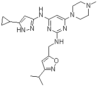 N4-(5-环丙基-1H-吡唑-3-基)-N2-[[3-异丙基-5-异恶唑基]甲基]-6-(4-甲基-1-哌嗪基)-2,4-嘧啶二胺分子结构 (CAS 898280-07-4)