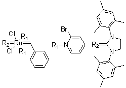 structure of CAS# 900169-53-1, [1,3-Bis(2,4,6-trimethylphenyl)-2-imidazolidinylidene]bis(2-bromopyridine)dichloro(phenylmethylene)ruthenium;Grubbs Catalyst(TM) C884