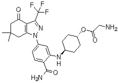 结构式 CAS# 908115-27-5, PF 04929113; 甘氨酸反式-4-[[2-(氨基羰基)-5-[4,5,6,7-四氢-6,6-二甲基-4-氧代-3-(三氟甲基)-1H-吲唑-1-基]苯基]氨基]环己酯