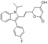 structure of CAS# 920275-10-1, Fluvastatin EP Impurity E;6-[(1E)-2-[3-(4-Fluorophenyl)-1-(1-methylethyl)-1H-indol-2-yl]ethenyl]-5,6-dihydro-4-hydroxy-2H-pyran