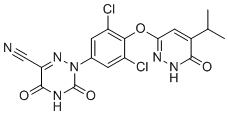 structure of CAS# 920509-32-6, Resmetirom;2-[3,5-dichloro-4-[(6-oxo-5-propan-2-yl-1H-pyridazin-3-yl)oxy]phenyl]-3,5-dioxo-1,2,4-triazine-6-carbonitrile