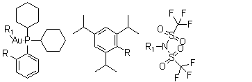 结构式 CAS# 934506-10-2, 2-二环己基膦-2',4',6'-三异丙基联苯金(I) 双(三氟甲烷磺酰)亚胺