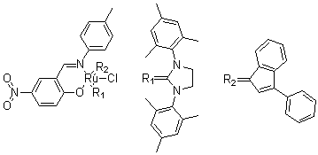 结构式 CAS# 934538-04-2, [1,3-双(2,4,6-三甲基苯基)-2-咪唑烷亚基][2-[[(4-甲基苯基)亚氨基]甲基]-4-硝基苯酚](3-苯基-1H-茚-1-亚基)氯化钌