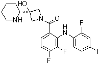 [3,4-Difluoro-2-[(2-fluoro-4-iodophenyl)amino]phenyl][3-hydroxy-3-[(2R)-2-piperidinyl]-1-azetidinyl]methanone molecular structure (CAS 934660-94-3)